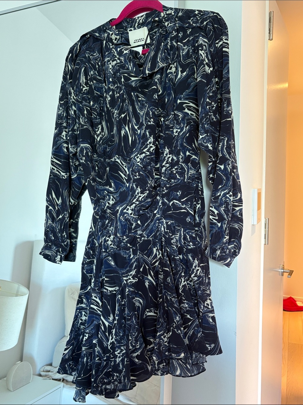 Isabel Marant NWT size 34 Navy Marble-Print Long Sleeve Dress
